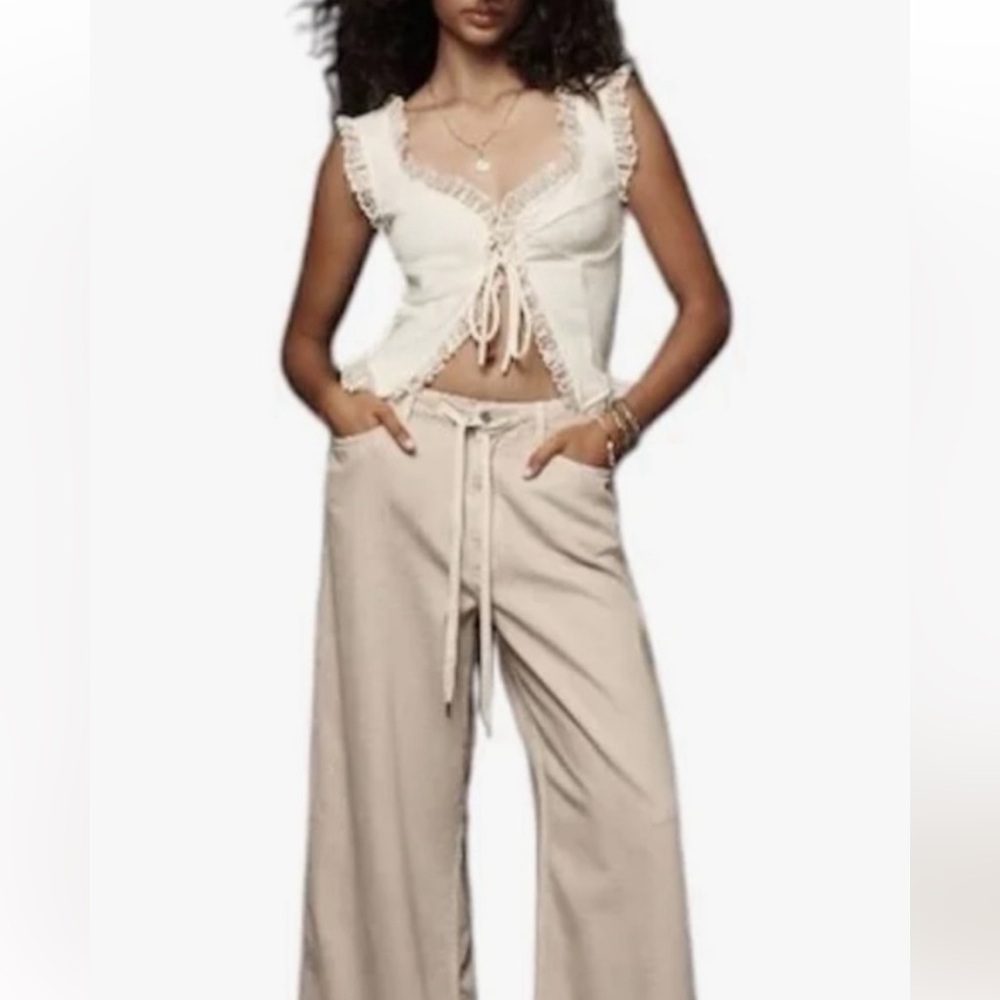 Anthropologie Pilcro wide leg draw string jeans, pearl color